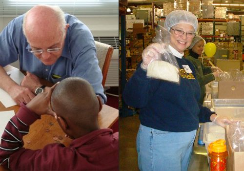 Graphic showing two photos. On the left, an older man helps a young boy count coins; on the right, a smiling older woman wearing a hair net packs flour into a bag in a warehouse.