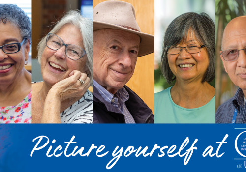 A graphic showing headshots of seven older adults of different genders and races, overlaid with the text 